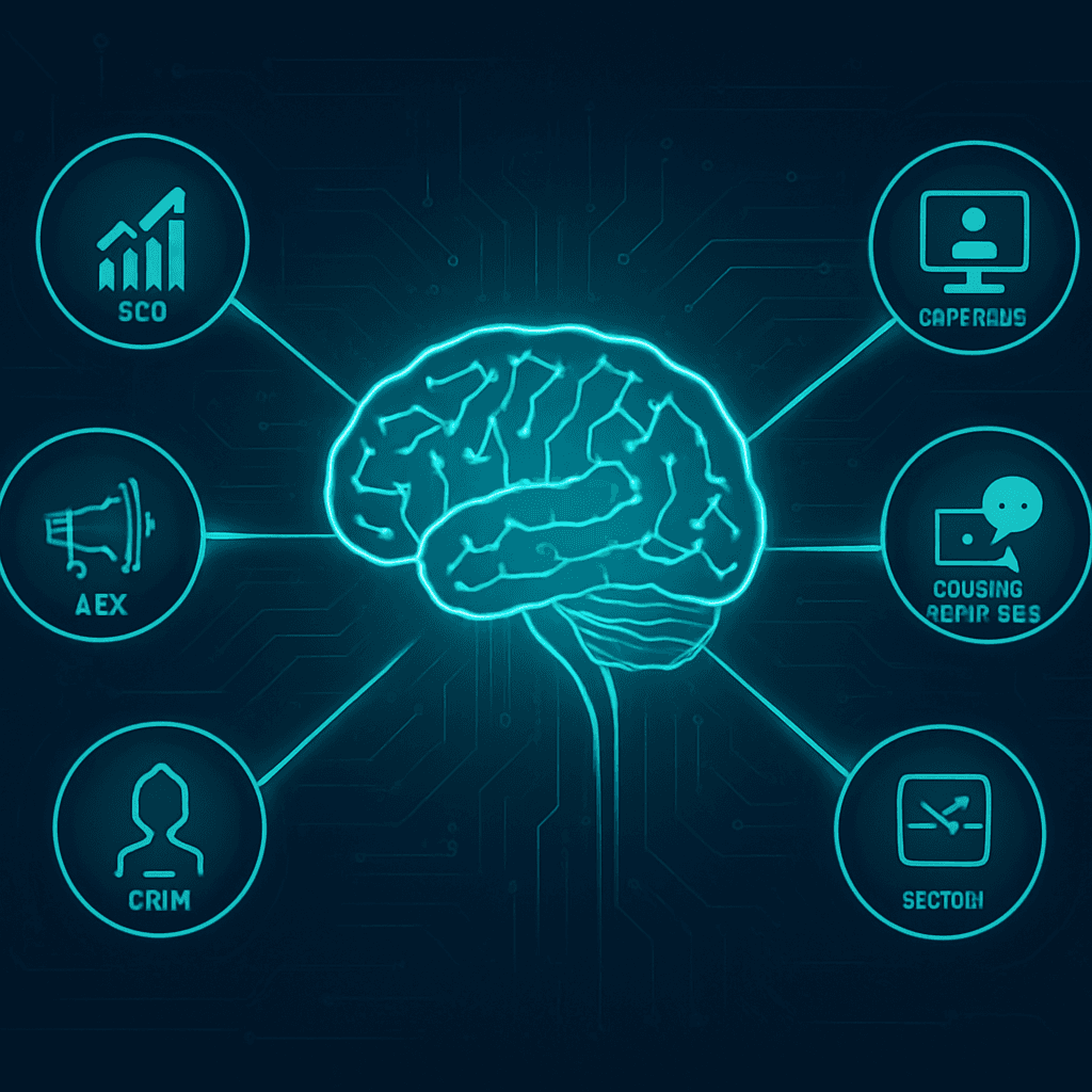 AI healthcare growth system with a neural core connected to SEO, ads, CRM and patient response modules