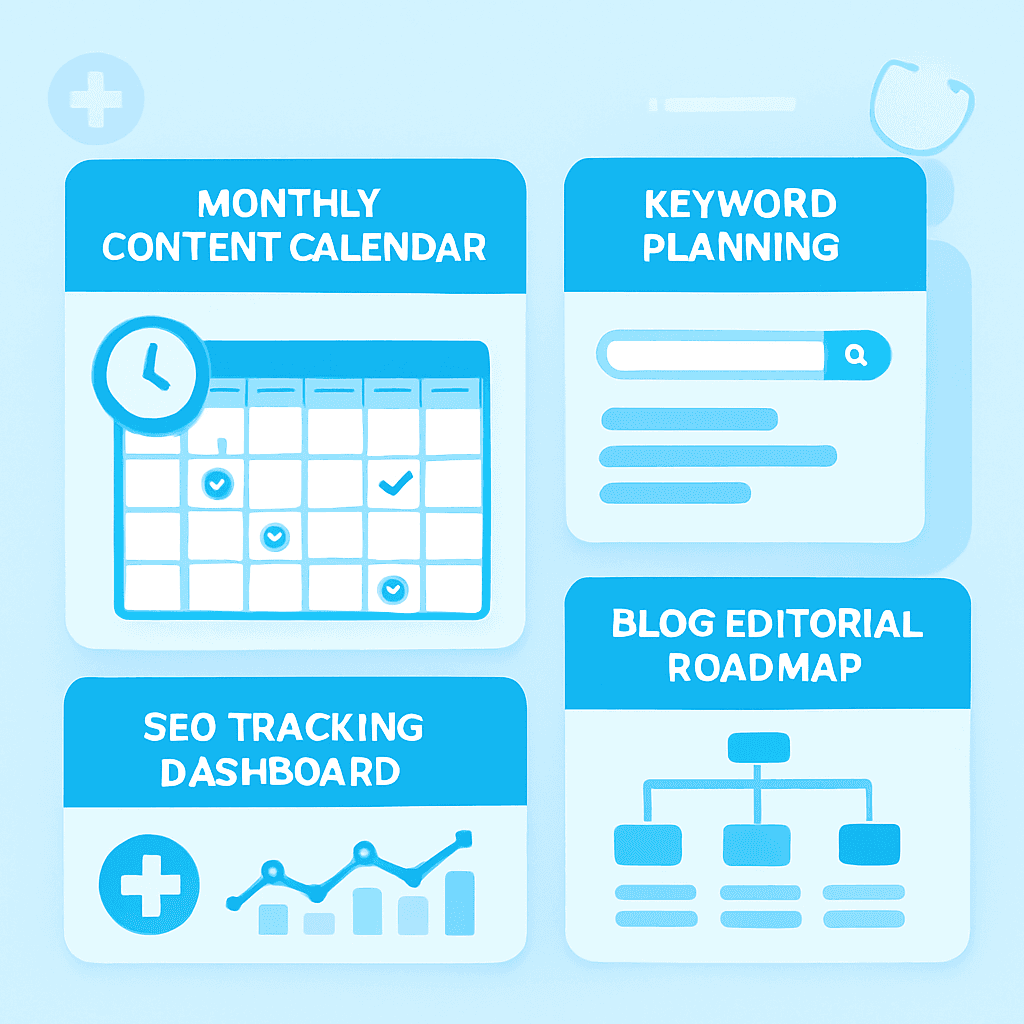Healthcare content calendar and SEO planning showing monthly calendar, keyword planning and blog editorial roadmap