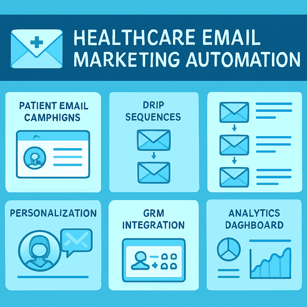 Healthcare email marketing automation showing patient campaigns, drip sequences, personalization and CRM integration