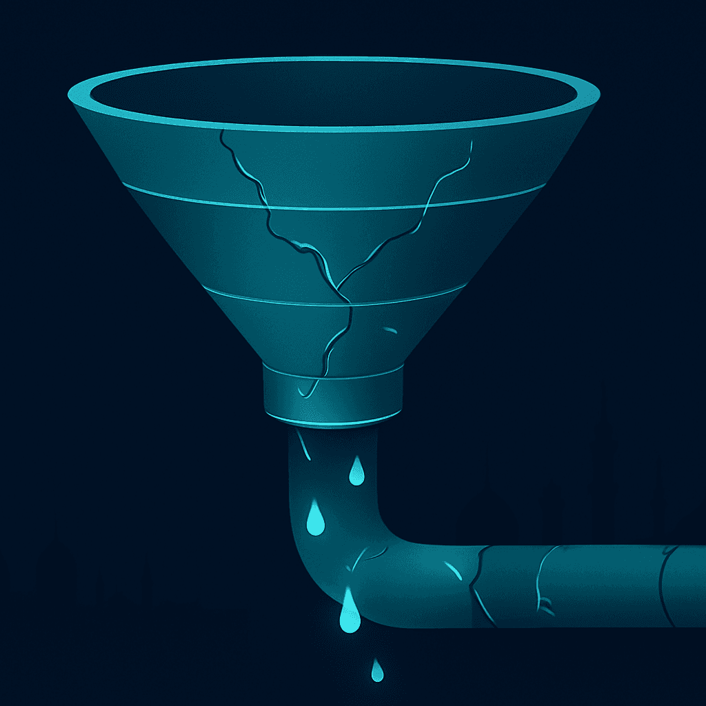 Healthcare growth funnel leaking patient leads through gaps between marketing stages