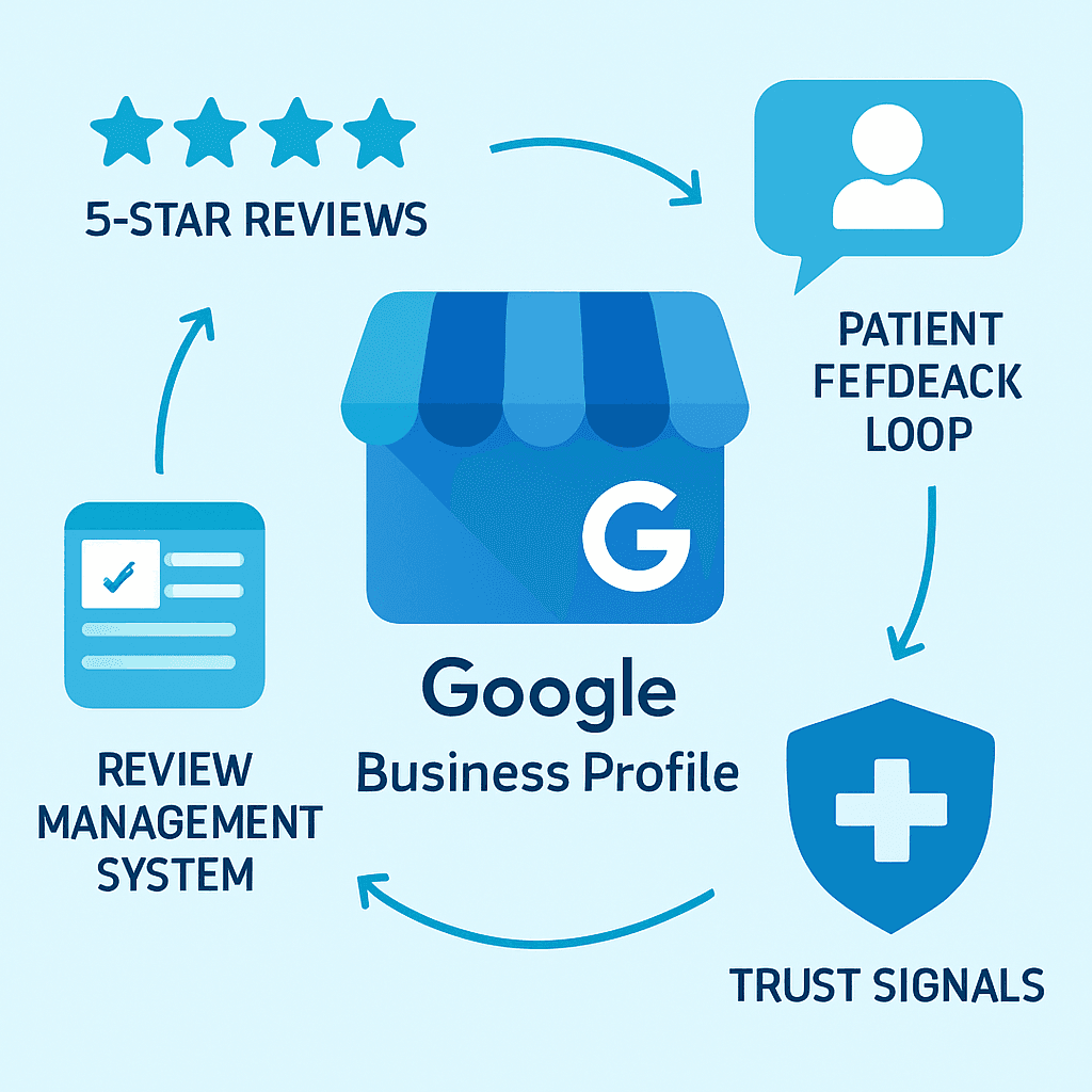 Medical clinic Google reviews strategy showing 5-star reviews, Google Business Profile and patient feedback management