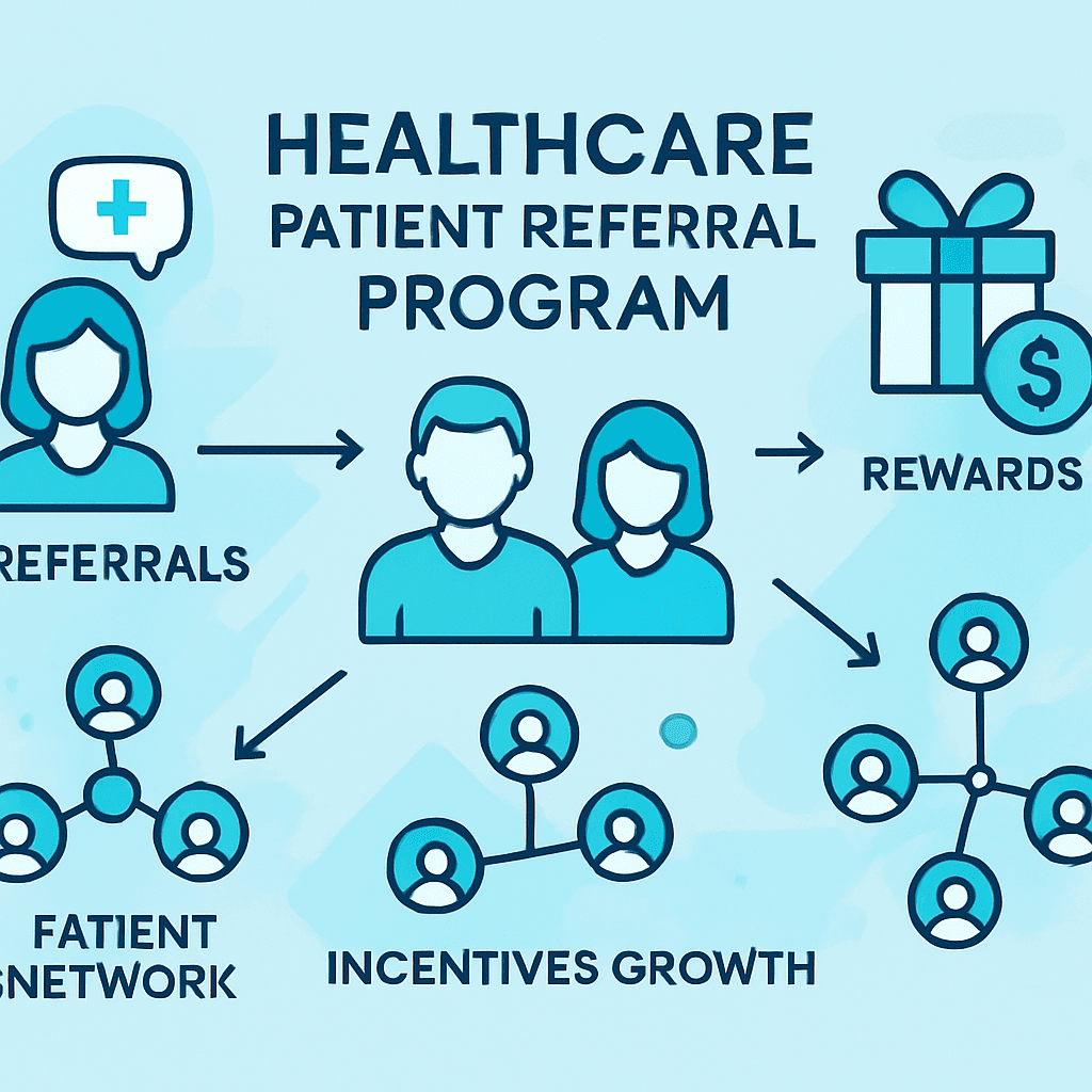 Healthcare patient referral program showing patients referring others, reward system and patient network growth