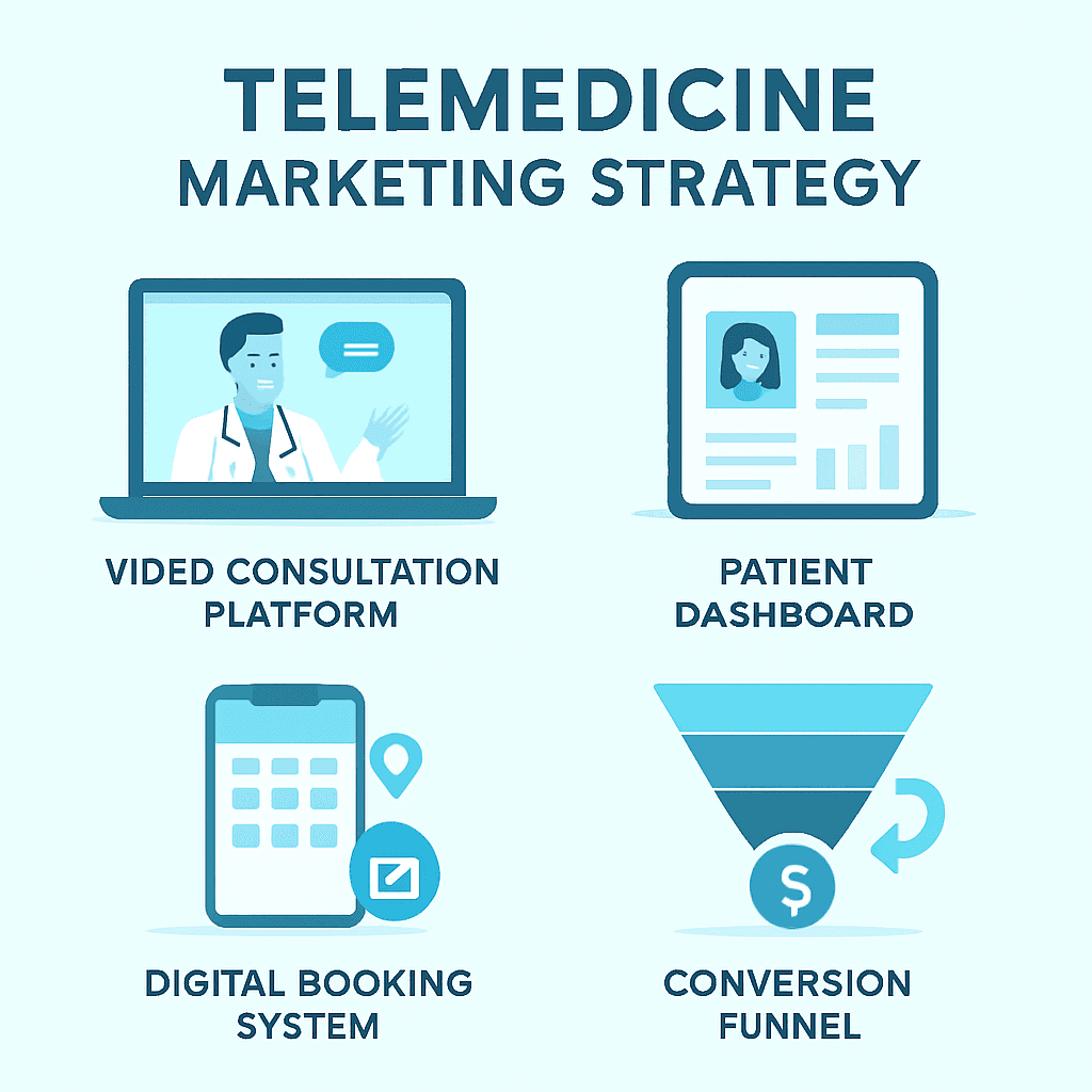 Telemedicine marketing strategy showing video consultation platform, patient dashboard, digital booking and conversion funnel